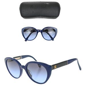 CHANEL CC Logo Cat Eye Sunglasses Eye Wear Plastic Blue Green